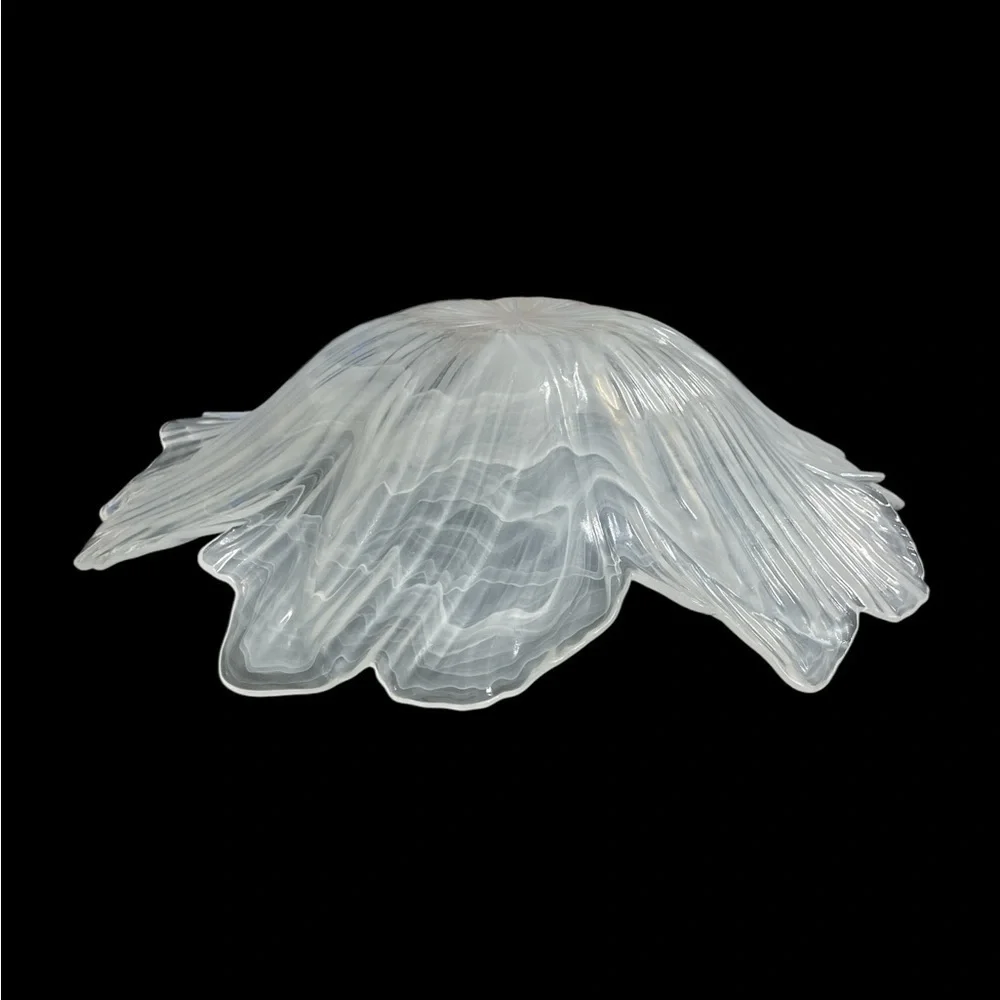 Large Clear Frosted Art Glass Flower Bowl 15” Floral Fluted Scalloped Centerpiec
